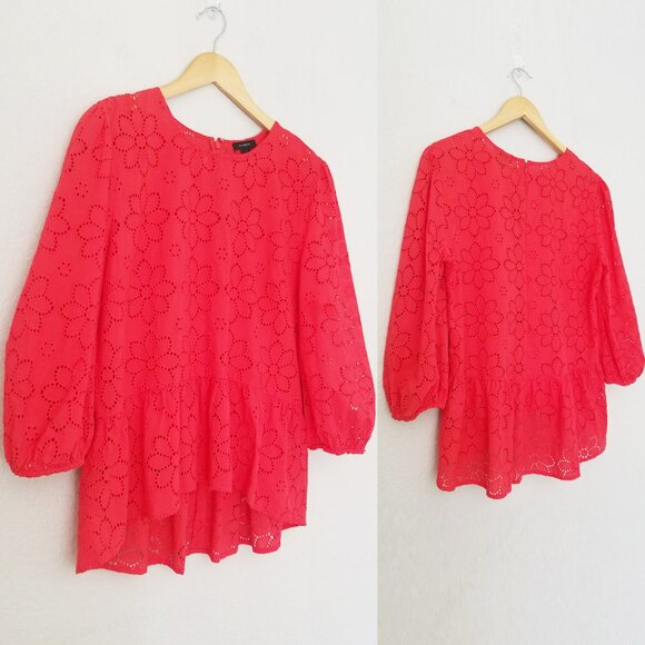 Halogen Women's M 3/4 Sleeve Eyelet Floral Peplum Blouse In Red Poinsettia $69 - Picture 15 of 16